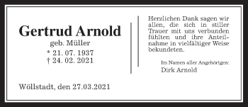 Traueranzeige von Gertrud Arnold von Wetterauer Zeitung