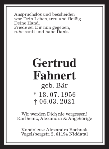 Traueranzeige von Gertrud Fahnert von Wetterauer Zeitung