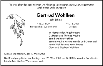 Traueranzeige von Gertrud Wöhlken von Giessener Allgemeine, Alsfelder Allgemeine