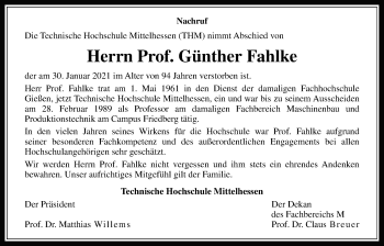 Traueranzeige von Günther Fahlke von Wetterauer Zeitung