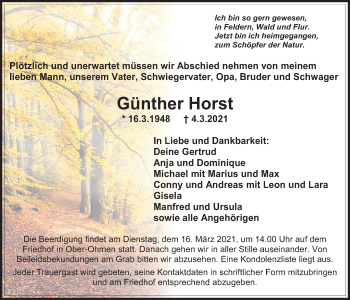Traueranzeige von Günther Horst von Giessener Allgemeine, Alsfelder Allgemeine