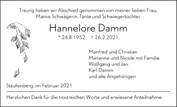 Traueranzeige von Hannelore Damm von Giessener Allgemeine, Alsfelder Allgemeine