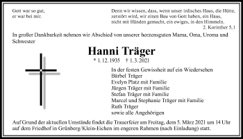 Traueranzeige von Hanni Träger von Giessener Allgemeine, Alsfelder Allgemeine