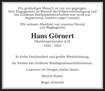 Traueranzeige von Hans Görnert von Giessener Allgemeine, Alsfelder Allgemeine