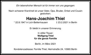 Traueranzeige von Hans-Joachim Thiel von Licher Wochenblatt