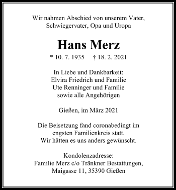 Traueranzeige von Hans Merz von Giessener Allgemeine, Alsfelder Allgemeine