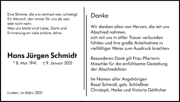 Traueranzeige von Hans Jürgen Schmidt von Giessener Allgemeine, Alsfelder Allgemeine