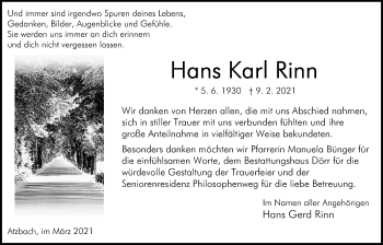 Traueranzeige von Hans Karl Rinn von Giessener Allgemeine, Alsfelder Allgemeine