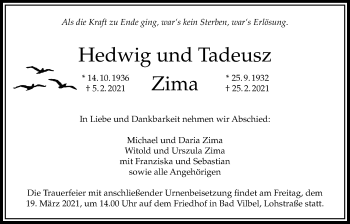 Traueranzeige von Hedwig Zima von Bad Vilbel/Karben