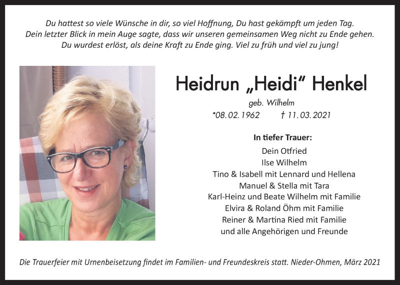  Traueranzeige für Heidrun Henkel vom 20.03.2021 aus Alsfelder Allgemeine
