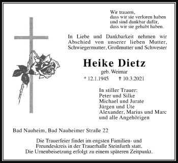 Traueranzeige von Heike Dietz von Wetterauer Zeitung