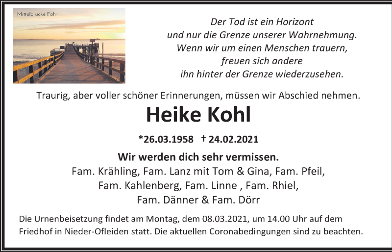  Traueranzeige für Heike Kohl vom 06.03.2021 aus Alsfelder Allgemeine