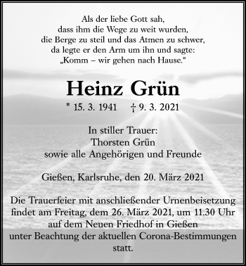 Traueranzeige von Heinz Grün von Giessener Allgemeine, Alsfelder Allgemeine