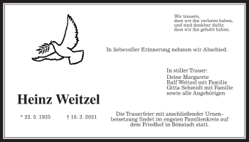 Traueranzeige von Heinz Weitzel von Wetterauer Zeitung