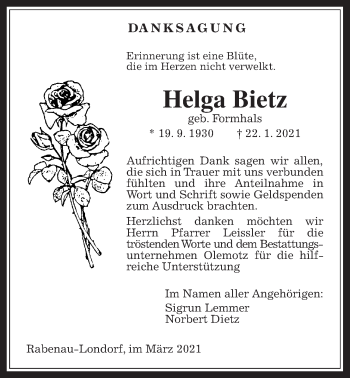 Traueranzeige von Helga Bietz von Rabenauer Zeitung