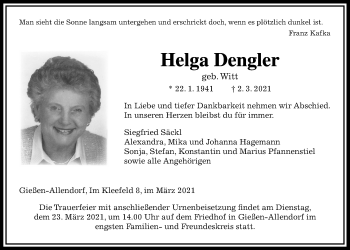 Traueranzeige von Helga Dengler von Giessener Allgemeine, Alsfelder Allgemeine