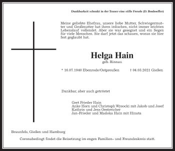 Traueranzeige von Helga Hain von Giessener Allgemeine, Alsfelder Allgemeine