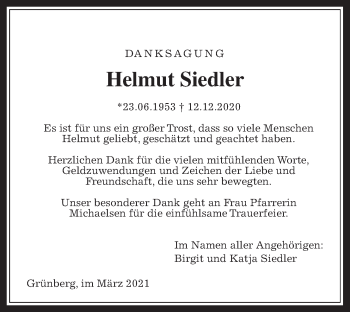 Traueranzeige von Helmut Siedler von Giessener Allgemeine, Alsfelder Allgemeine