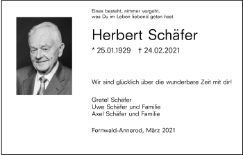 Traueranzeige von Herbert Schäfer von Giessener Allgemeine, Alsfelder Allgemeine