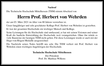 Traueranzeige von Herbert von Wehrden von Giessener Allgemeine, Alsfelder Allgemeine