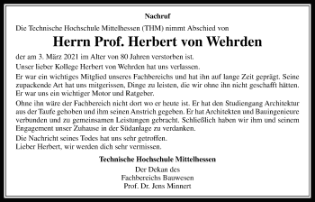 Traueranzeige von Herbert von Wehrden von Giessener Allgemeine, Alsfelder Allgemeine
