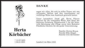 Traueranzeige von Herta Körbächer von Rabenauer Zeitung
