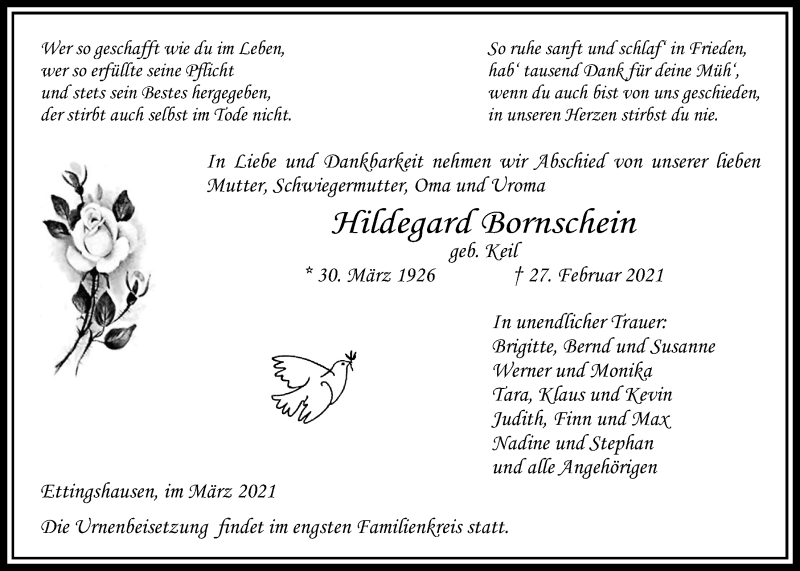  Traueranzeige für Hildegard Bornschein vom 11.03.2021 aus Licher Wochenblatt