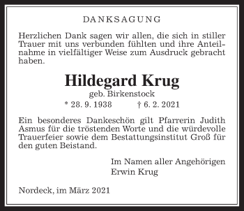Traueranzeige von Hildegard Krug von Allendorfer Mitteilungen
