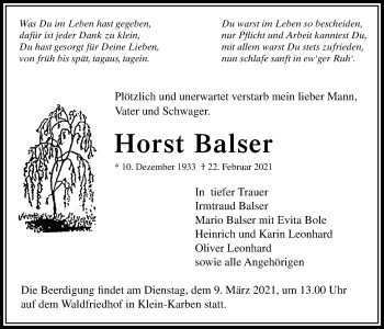 Traueranzeige von Horst Balser von Bad Vilbel/Karben