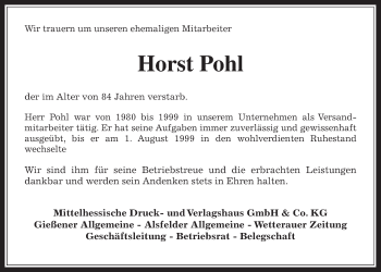 Traueranzeige von Horst Pohl von Giessener Allgemeine, Alsfelder Allgemeine