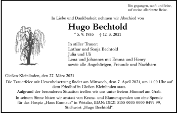 Traueranzeige von Hugo Bechtold von Giessener Allgemeine, Alsfelder Allgemeine