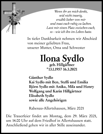 Traueranzeige von Ilona Sydlo von Giessener Allgemeine, Alsfelder Allgemeine
