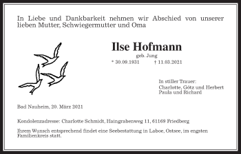 Traueranzeige von Ilse Hofmann von Wetterauer Zeitung