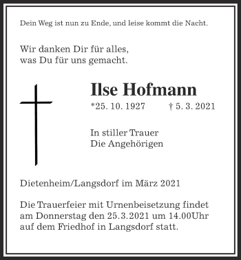 Traueranzeige von Ilse Hofmann von Licher Wochenblatt