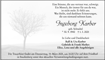 Traueranzeige von Ingeborg Karber von Giessener Allgemeine, Alsfelder Allgemeine