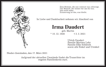 Traueranzeige von Irma Daudert von Alsfelder Allgemeine