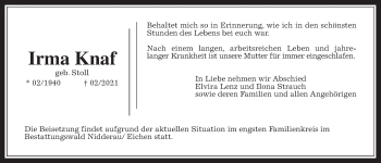 Traueranzeige von Irma Knaf von Wetterauer Zeitung