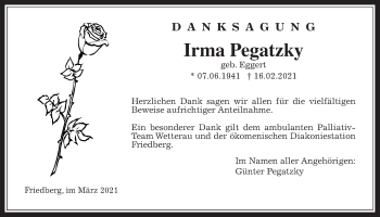 Traueranzeige von Irma Pegatzky von Wetterauer Zeitung