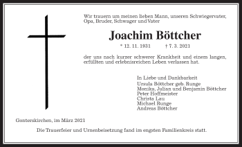 Traueranzeige von Joachim Böttcher von Giessener Allgemeine, Alsfelder Allgemeine