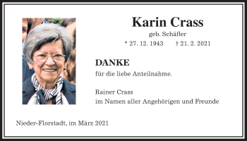 Traueranzeige von Karin Crass von Wetterauer Zeitung