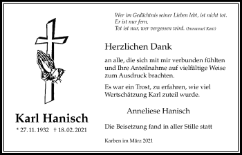 Traueranzeige von Karl Hanisch von Bad Vilbel/Karben