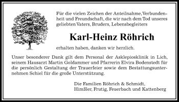 Traueranzeige von Karl-Heinz Röhrich von Licher Wochenblatt