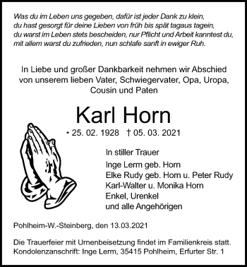 Traueranzeige von Karl Horn von Giessener Allgemeine, Alsfelder Allgemeine