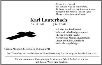 Traueranzeige von Karl Lauterbach von Giessener Allgemeine, Alsfelder Allgemeine
