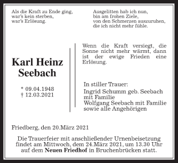 Traueranzeige von Karl Heinz Seebach von Wetterauer Zeitung