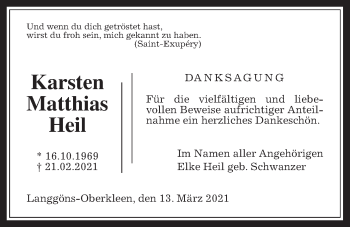 Traueranzeige von Karsten Matthias Heil von Giessener Allgemeine, Alsfelder Allgemeine