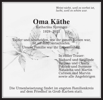 Traueranzeige von Katharina Sprenger von Wetterauer Zeitung