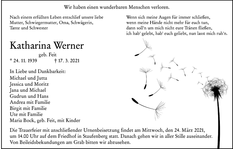  Traueranzeige für Katharina Werner vom 20.03.2021 aus Giessener Allgemeine, Alsfelder Allgemeine