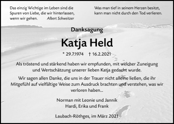 Traueranzeige von Katja Held von Giessener Allgemeine, Alsfelder Allgemeine
