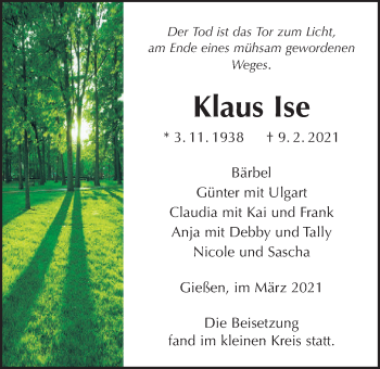 Traueranzeige von Klaus Ise von Giessener Allgemeine, Alsfelder Allgemeine